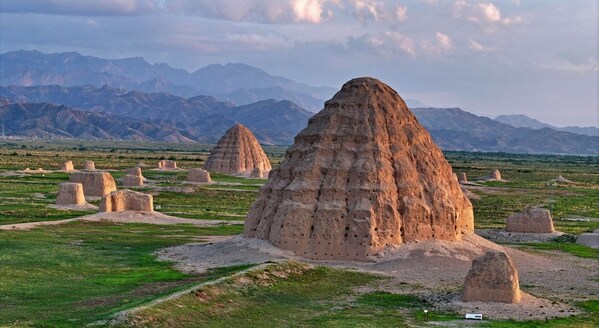 A drone photo taken on July 10, 2025 shows two Xixia imperial tombs in northwest China